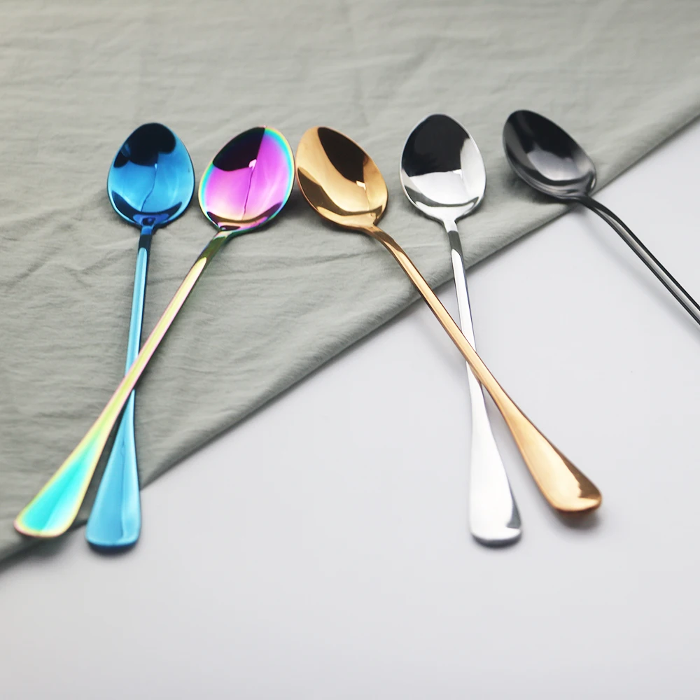 4Pcs Blue Long Handle Spoon Cutlery Set Stainless Steel Dinnerware Dessert Ice Cream Coffee Spoon Stirring Party Tableware