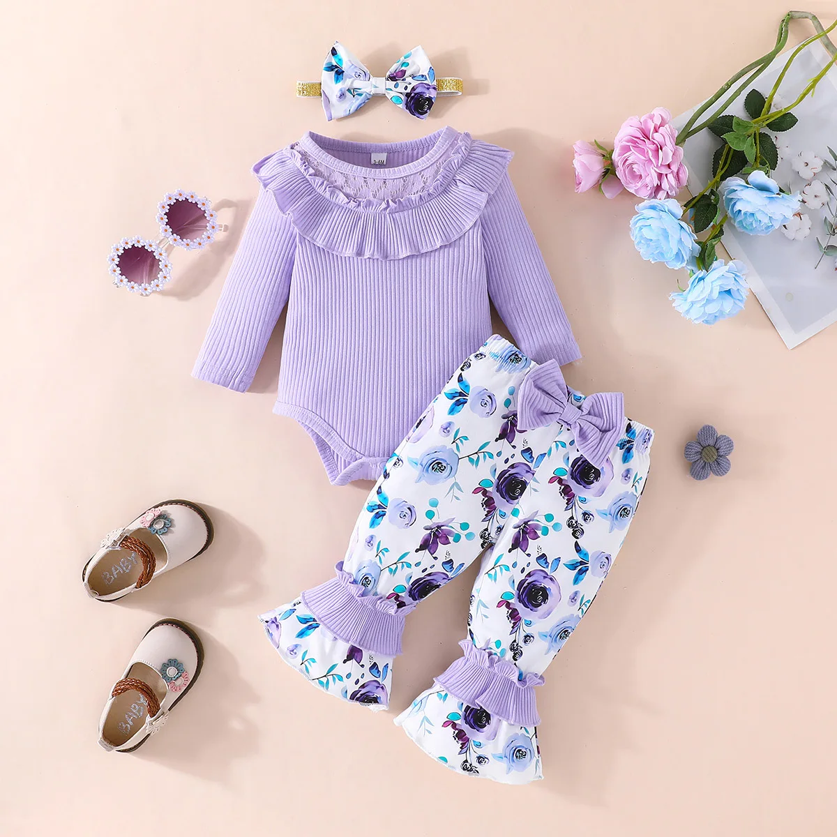 

2023 Winter Children Sets Cute Long Sleeve O Neck Ruffles Print Floral Bow Purple 2 Pcs Roupa Infantil Menina Clothes Sets 0-2T