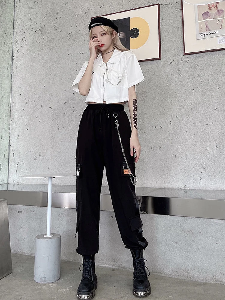 New Chain Cargo Pants Suits Women Summer Zipper White Crop Tops + High Waist Black Baggy Trousers Sports Two-piece Sets Female