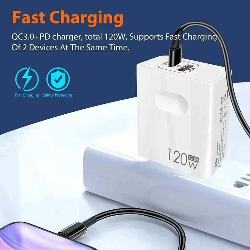 120W Type C USB Fast Charging Phone Power Adapter with Data Cable