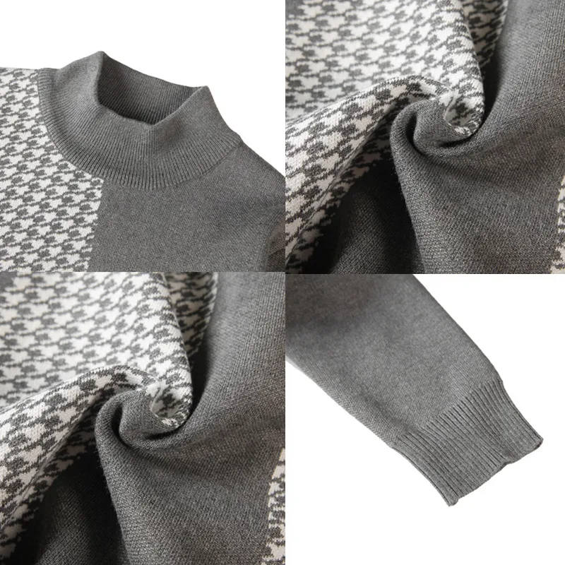 Men's Warm Winter Knit Sweaters Male Slim Fit Fashion Color Matching Plaid Pullover/Man High-neck Knitted Sweaters 4XL-M
