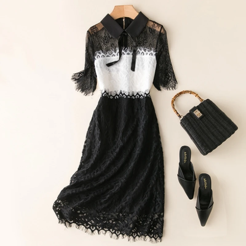 

Paris Luxury Brand Design 2024 Summer Black White Lace Short Sleeve Dress For Women Dupes Elegant Vestido Skirt Ladies Clothing