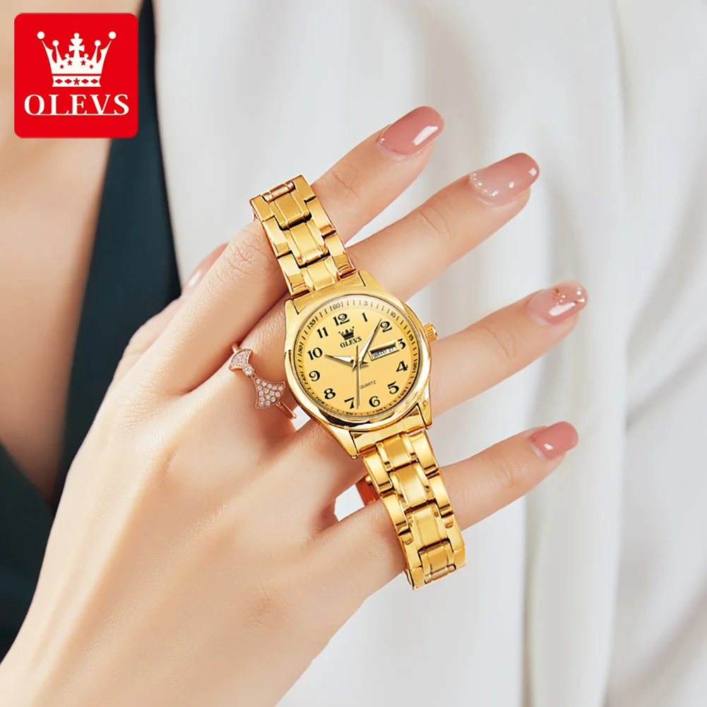 OLEVS Brand Luxury Gold Quartz Watch for Womens Stainless Steel Waterproof Week Date Elegant Women Dress Watch Reloj Hombre