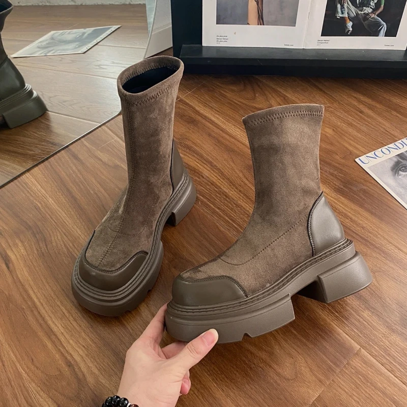 

Autumn Socks Boots Women's Boots Fashion Round Toe Ankle Boots Winter Stretch Black Boots Comfortable Thick Sole Stretch Boots