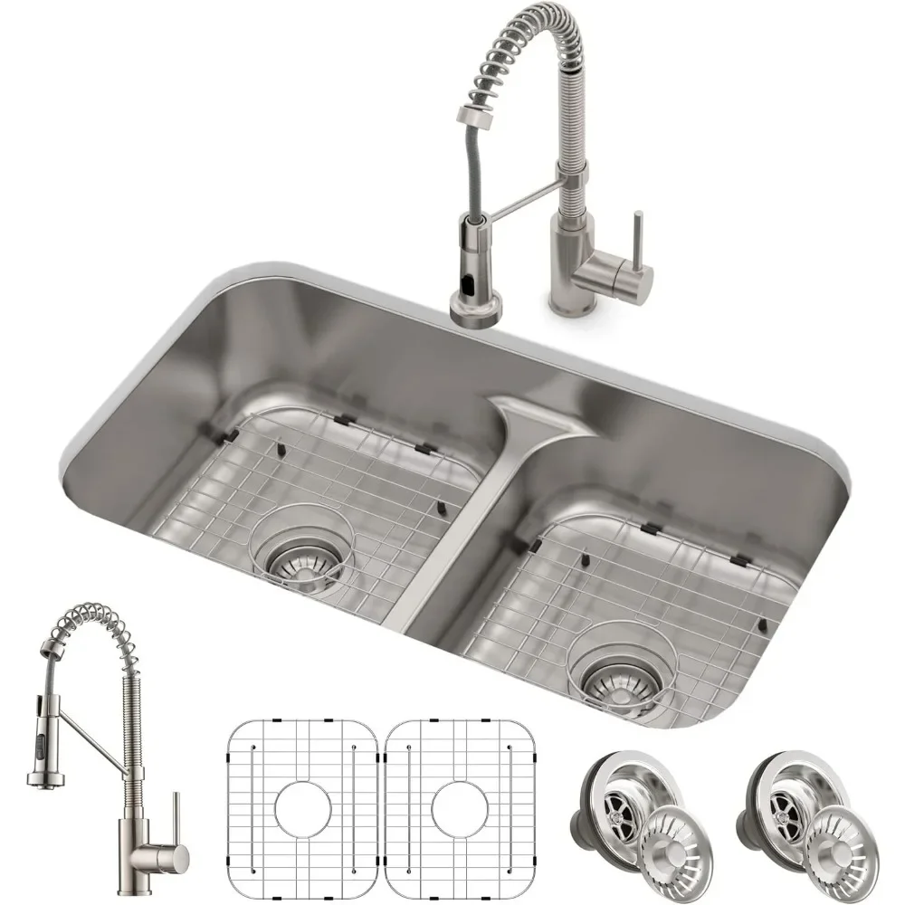 33 Inch Kitchen Sink with 18 Inch Pull-Down Commercial Style Kitche Faucet, Spot Free Stainless Steel Finish, Kitchen Sink