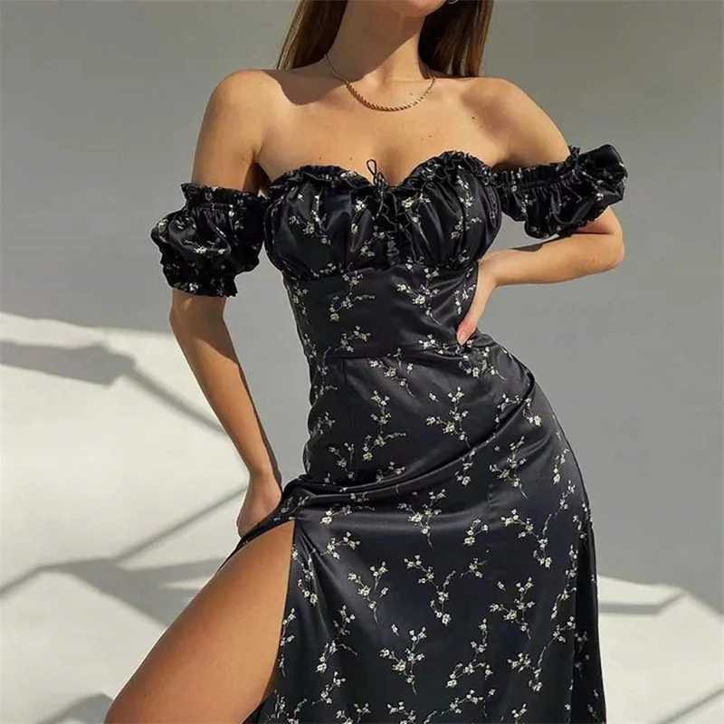 

2024 Summer New Women's Dress Fashion Sexy Off-the-shoulder Slit Slim Floral MIDI Long Dress Летнее Платье Больших Размеров