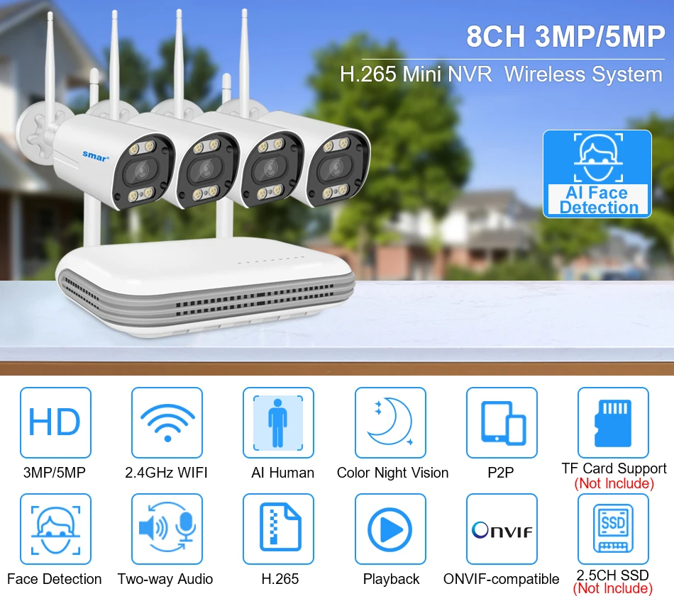 S9f3f14e0f5564c84b54886ae6cf527d9U Smar Wireless CCTV System Wifi Camera Kit 5MP HD Security Camera Audio AI Face Detect IP 8CH NVR Video Surveillance Set ICSEE