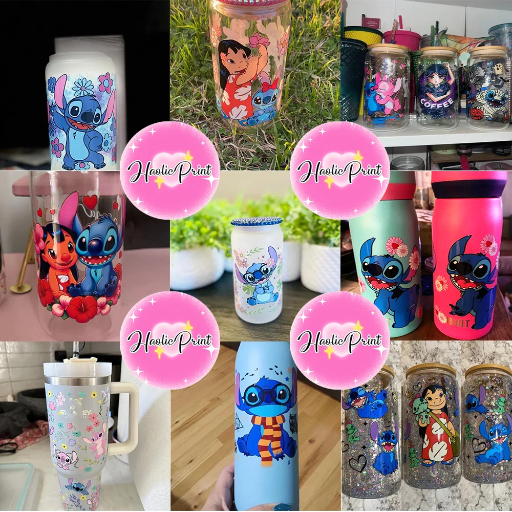 Cup Wraps Stitch 16oz UV DTF Cup Wrap Libbey Glass Beer Can tumbler Transfer Stickers Waterproof Permanent Adhesive Spring Flower Cartoon