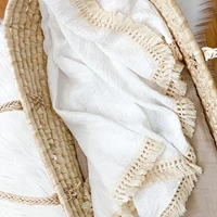 Custom Personalised Solid White Tassel Fringe Muslin Baby Blanket Muslin Swaddle Blanket Baby Receiving Blanket with Fringe 1