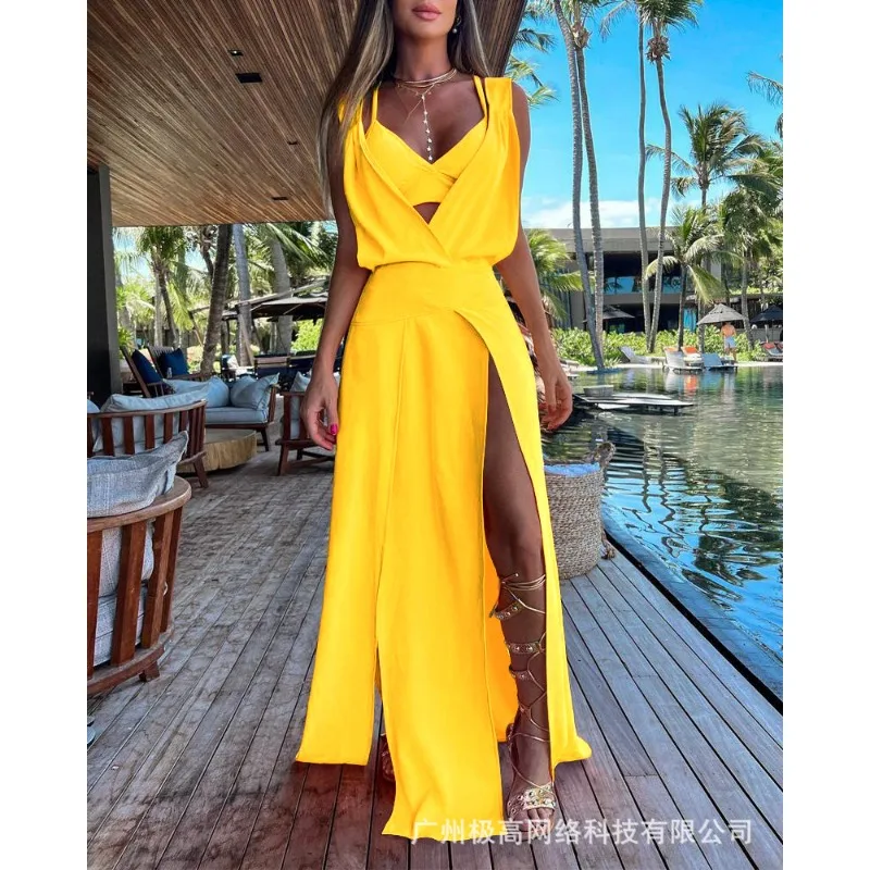 

Wepbel Orange Vacation Style Dress Tropical Print Sleeveless High Slit Maxi Dress with Bra Top Casual Slit Sexy Dress Suit