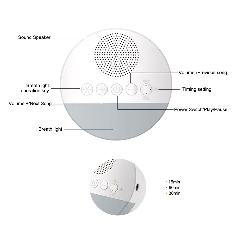 White Noise Machine Music Light Sleep Machine USB Rechargeable 20 Sounds Timed Shutdown Sleep Sound