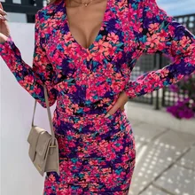 Women Bodycon Dress 2022 Summer Fashion Floral Print V-Neck Ruched Long Sleeve Mini Dress Evening Prom Party Sundress S-3XL