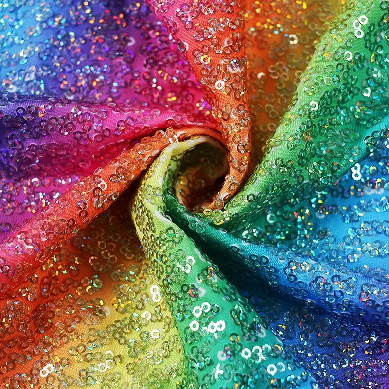 Glitzy Embroidery Sequin Rainbow Printed Stretch Knit Ground For Clothsing Making Party Events Dancewear Fabric