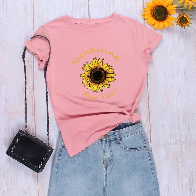 

Casual cotton personality round neck sunflower print t-shirt GRAY22