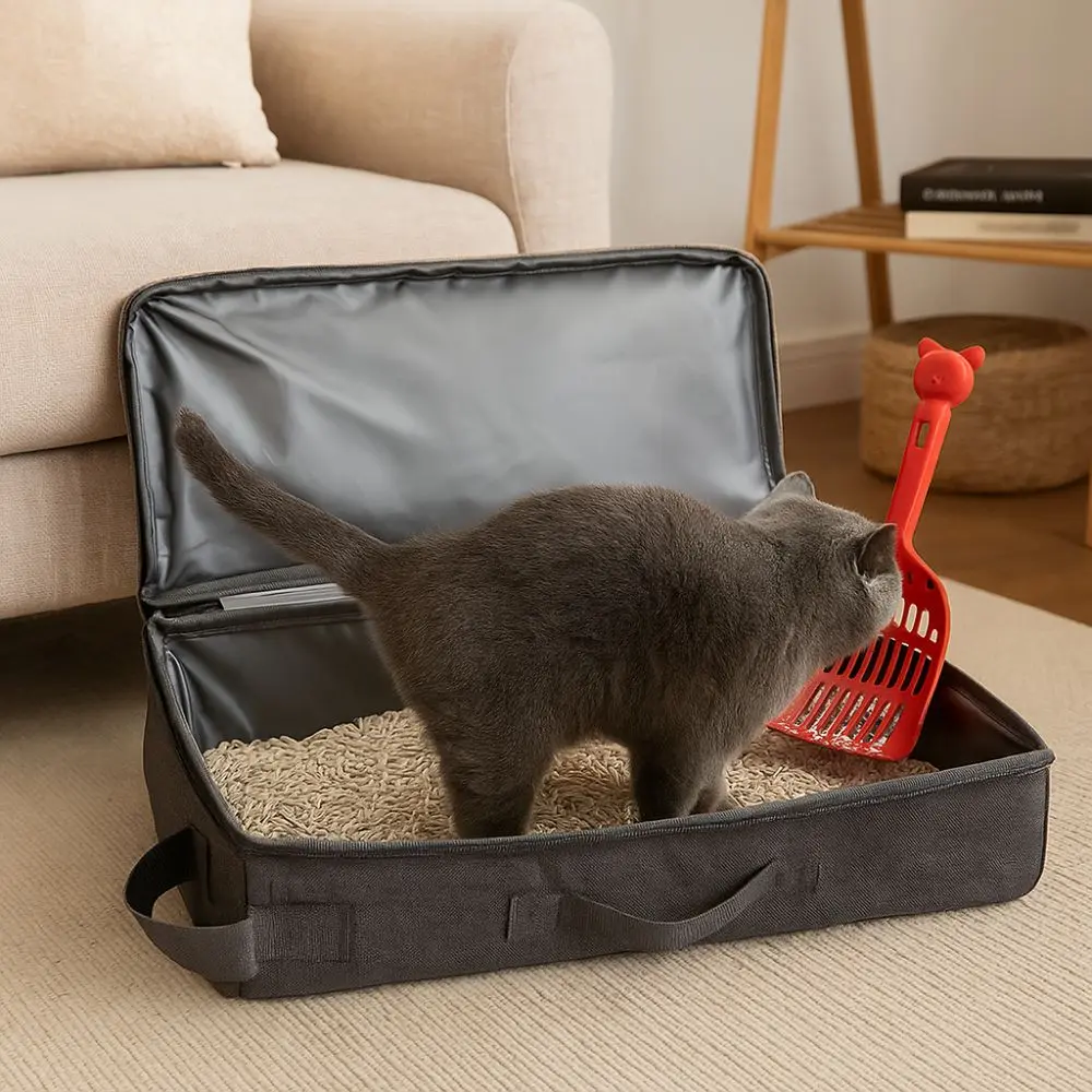 Oxford Cloth Foldable Cat Litter Box Large Capacity Rectangular Travel Litter Pan with Shovel Waterproof Dog Potty