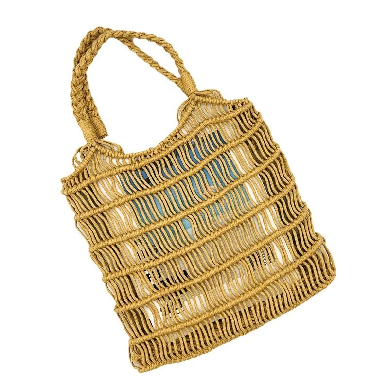 

2024 New Striped Net Pocket Cotton Rope Hollow Simple Handmade Woven Bag Summer Women’s Bag OL Student Shoulder Bag