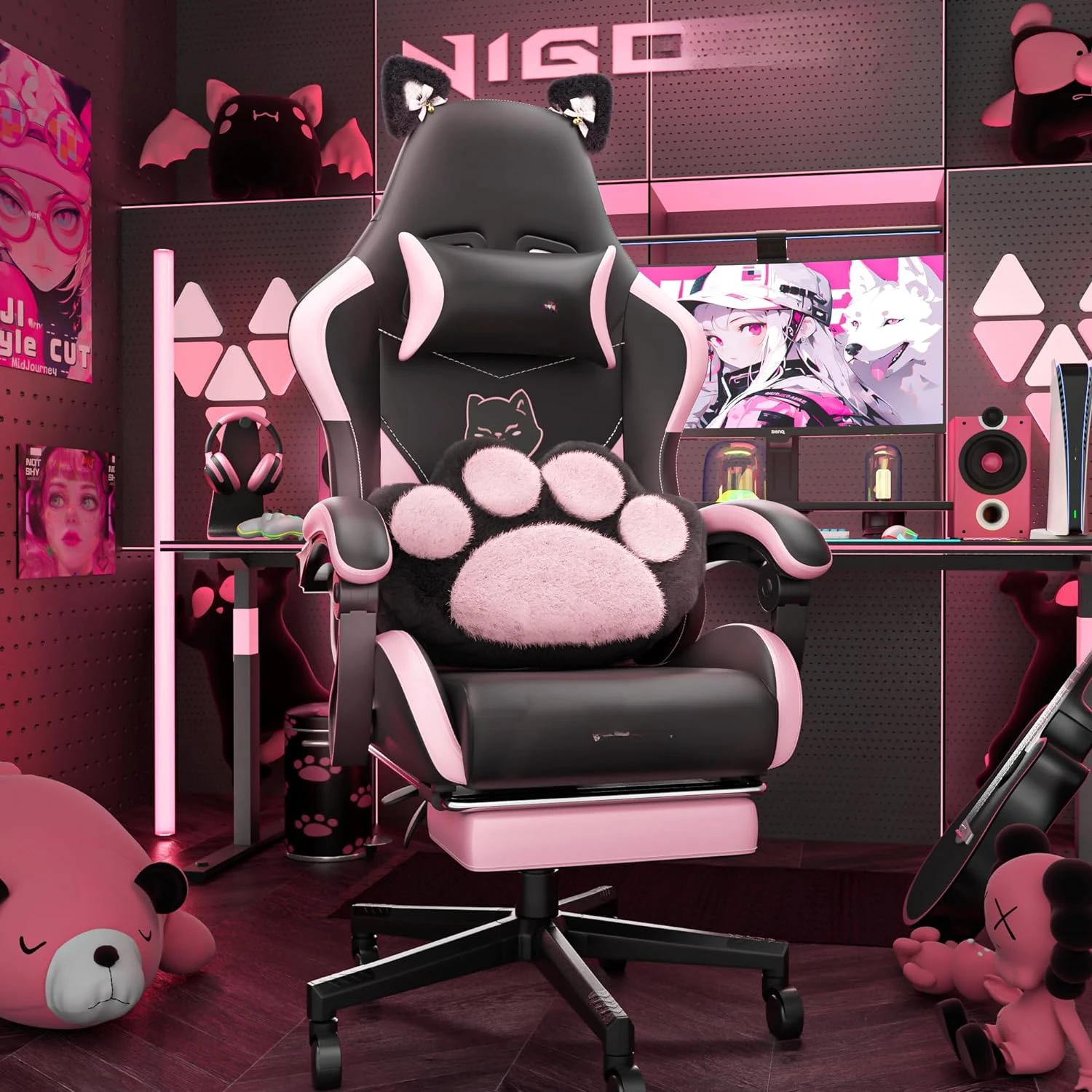 

Cute Reclining PC Gaming Chair with Cat Paw Lumbar Cushion and Cat Ears, Ergonomic Computer Chair with Footrest, Black Pink