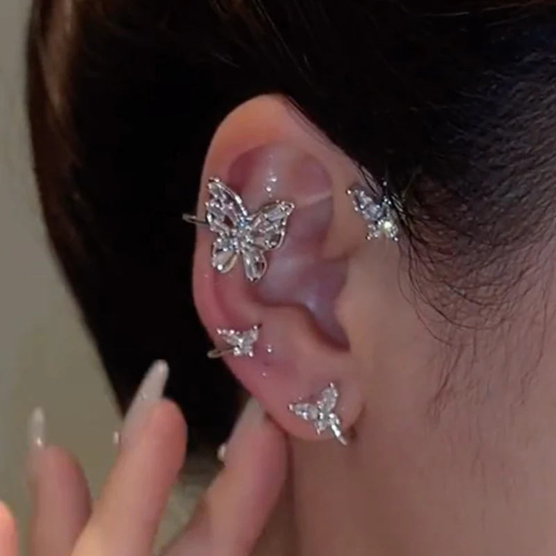 Butterfly Feather Ear Clips Without Piercing For Women Sparkling Zircon Ear Cuff Clip Earrings Wedding Jewelry