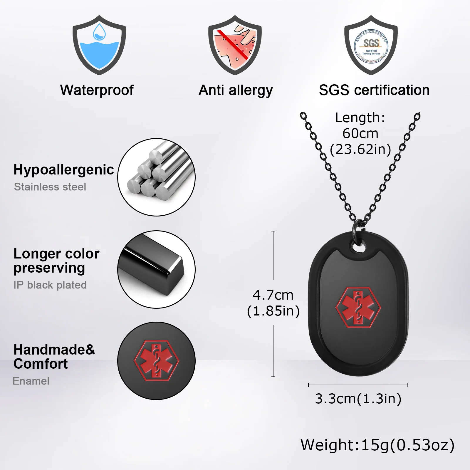 Medical Dog Tag Pendant Necklace for Men,Free Engrave Stainless