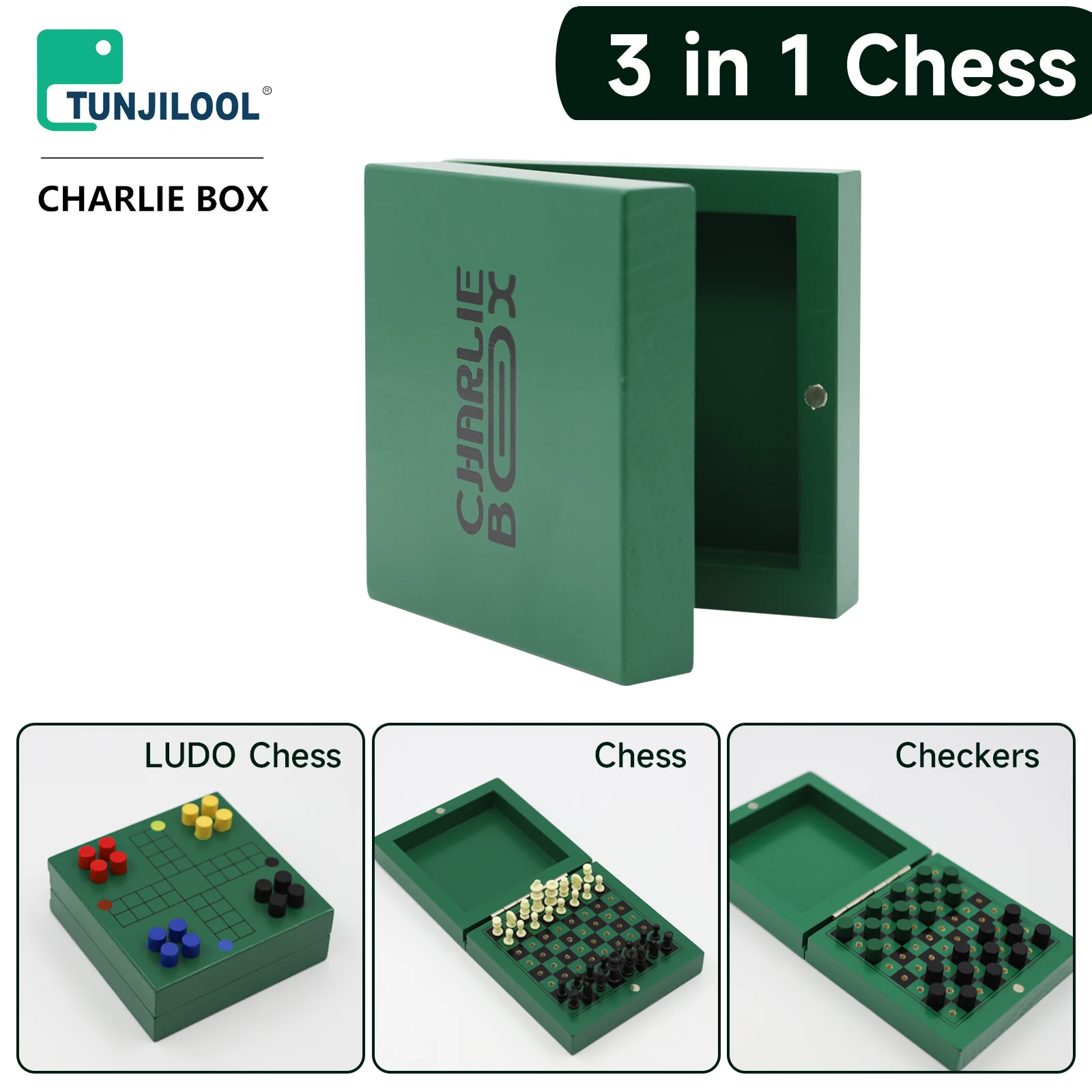 TUNJILOOL Mini Portable 3 in 1 Wooden Chess Board Folding Wooden LUDO Chess Checkers Games For Kid And Adults Travel Camping Toy