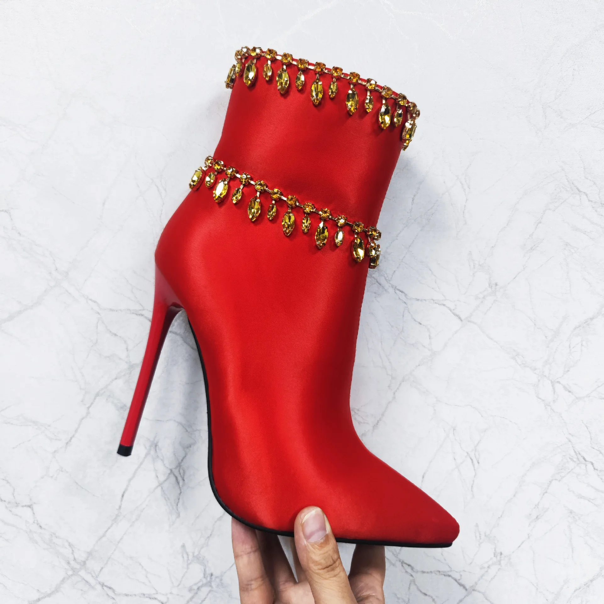 

Woman Graceful Diamond Decoration Stiletto Heel Ankle Boots Pointed Toe Female Slip On Black Red Short Boots Shoes