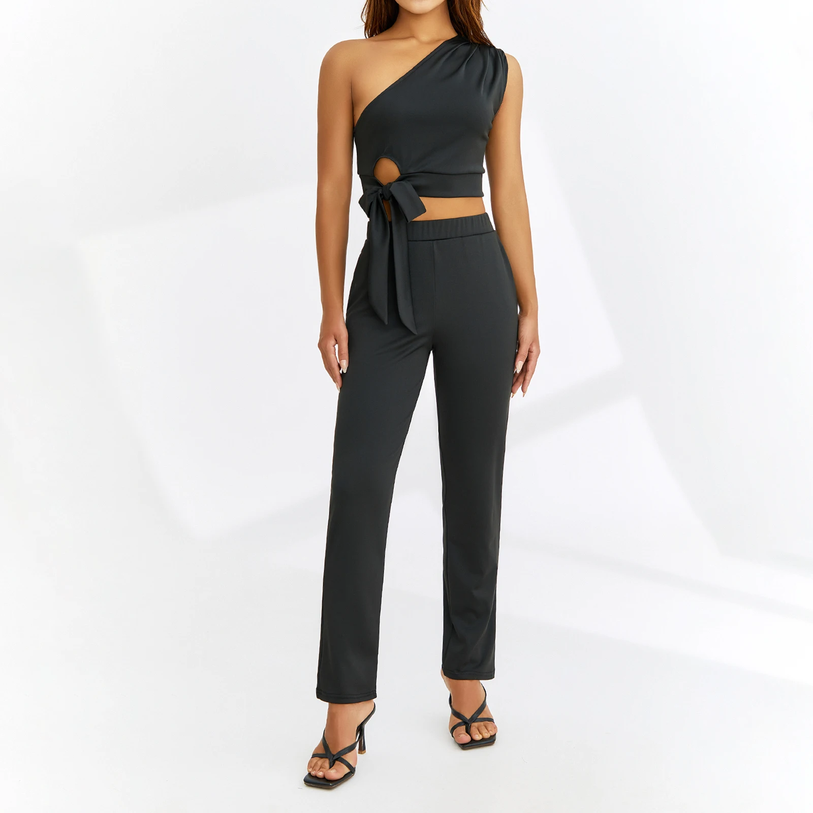

Women Summer Casual 2 Piece Outfits Stes Irregular One Shoulder Sleeveless Crop Tops High Waist Long Straight Pants for Yoga