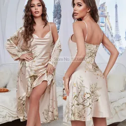 Chic Cherry Satin Robe & Nightgown Set - Women's Luxurious Summer Loungewear - S (Chanpagne Set A)