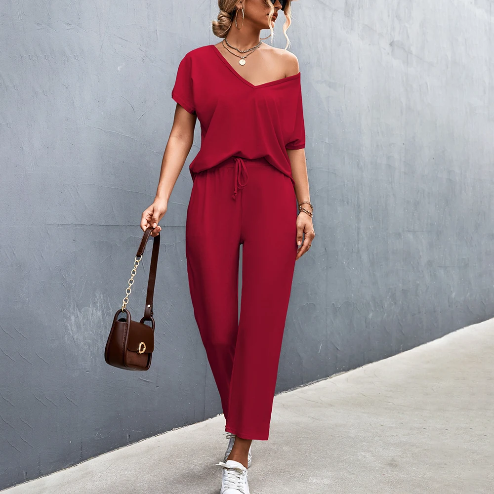 

Short Sleeve T-shirts and Long Pants Set Two Piece Casual Loose Women Summer New V-Neck Tops and Pants 2PC Sets Sportswear