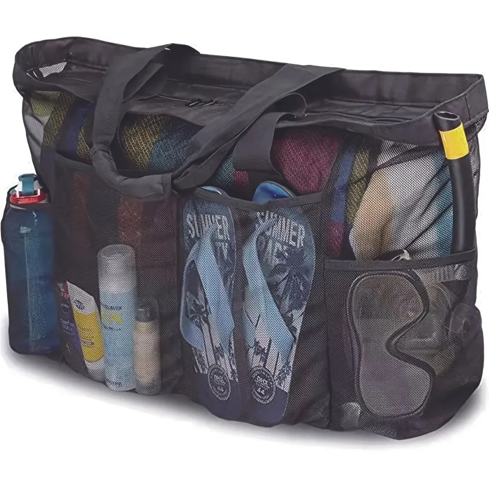 Mesh Beach Bag Oversized Breathable With Zippers Side Pockets Portable Organizing Storage