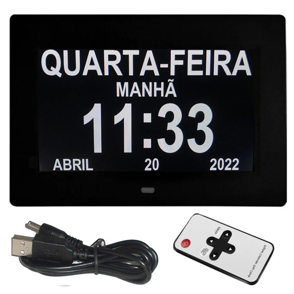 Reloj calendario LED digital de 12 alarmas con múltiples idiomas para mostrar. Recordatorio del tiempo de medicina para personas mayores. Decoración de pared de escritorio para el hogar