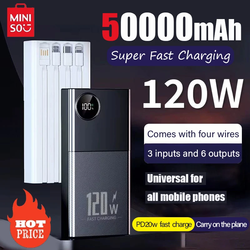 

Miniso 2024 новый популярный супер быстрый внешний аккумулятор 120 Вт с большой емкостью 50000 мАч подходит для Iphone Huawei Xiaomi Samsung