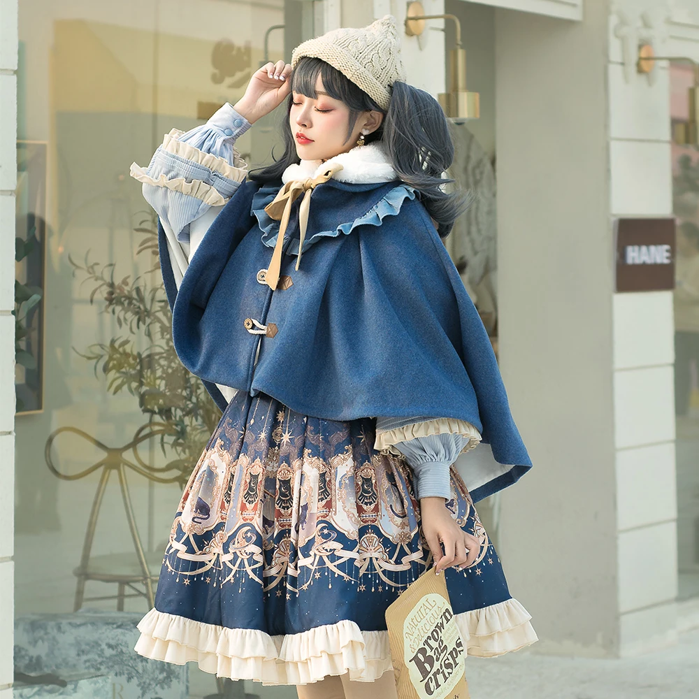 

Платье Melonshow в стиле сладкой Лолиты, комплект из двух предметов, юбка в стиле "Лолита", Женская милая одежда, синяя накидка, викторианское платье на Рождество