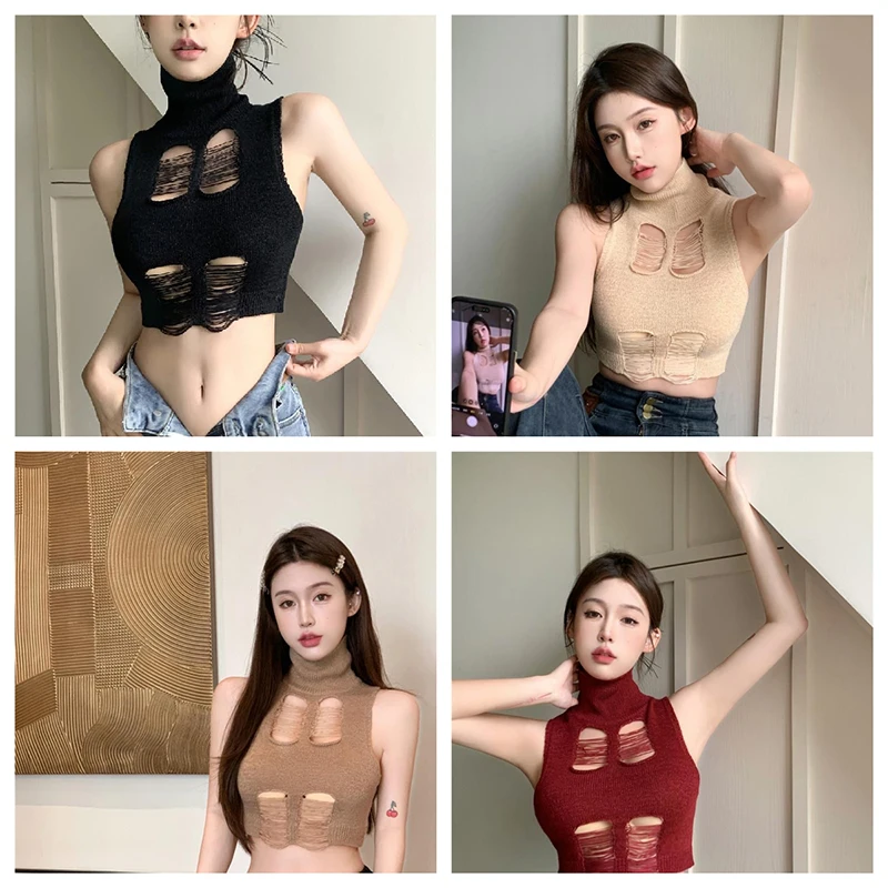 

Summer Fashion Turtleneck Knitted Vest Women Sexy Hollow Out Sleeveless Slim Tank Top Waistcoat