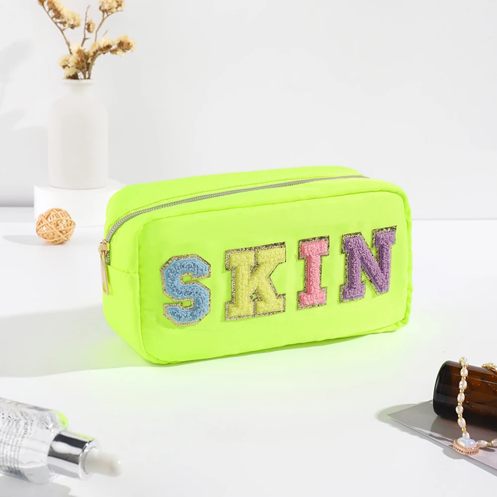 Glitter Chenille Letter Makeup Stuff Bag Pouch Small Preppy Patch Makeup Cosmetic Travel Zipper Bag for Women Girls Cosmetic bag