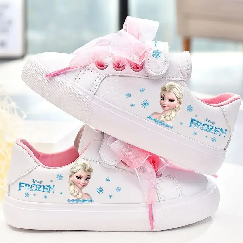 Disney girls frozen princess white Bow pu shoes non-slip soft bottom sports casual shoes for girl gift