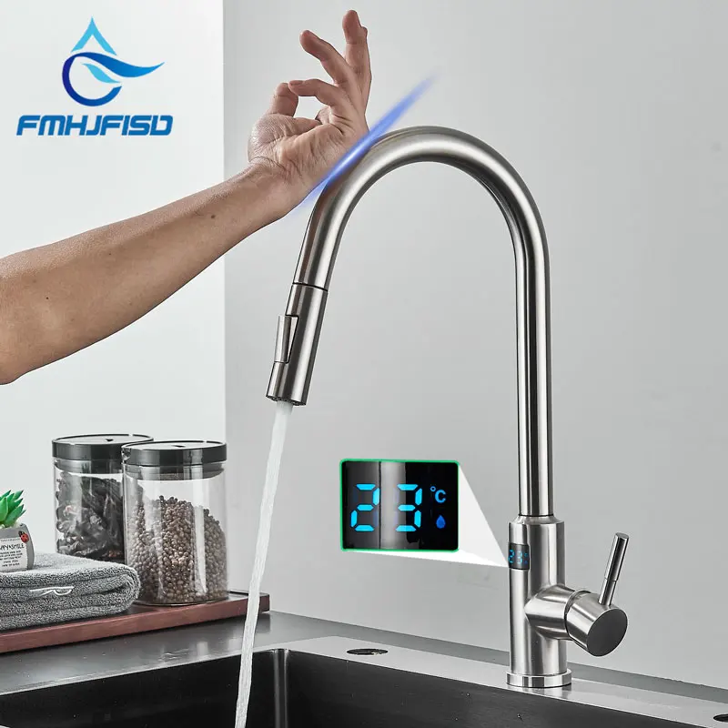 SmartDigitalDisplayFaucetsGourmetKitchenFaucetSensorTouchKitchenSinkFaucetsPullOut