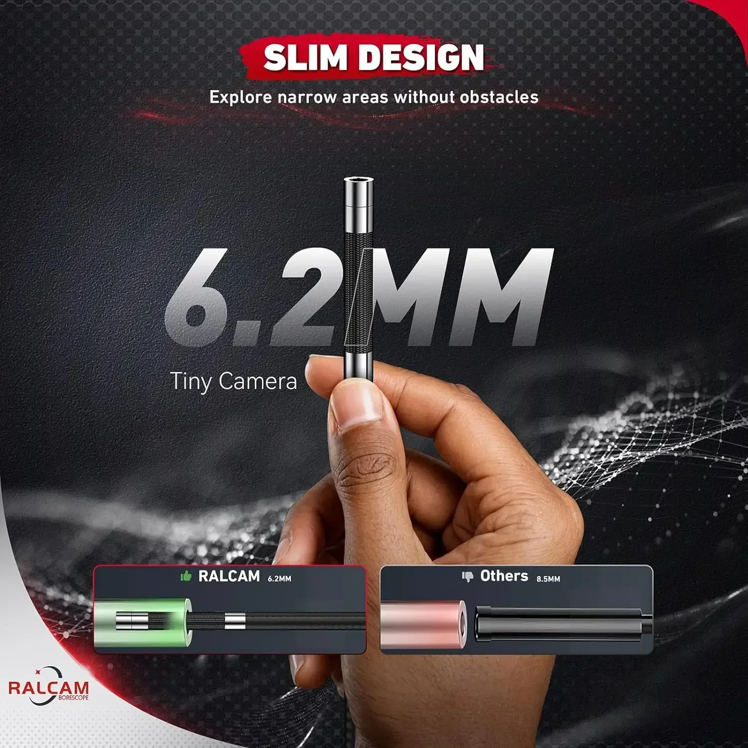 Endoscope Caméra Ralcam 6,2mm Avec écran 3,5" HD 720P - Sonde Rotative 210°, étanche IP67, Câble 1m Semi-rigide