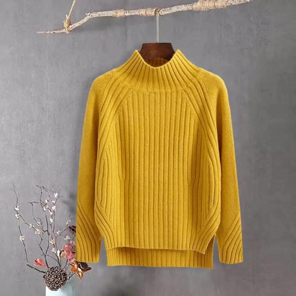 

Women's Autumn And Winter Sweater High Collar Loose Long Sleeve Solid Color Irregular Slit Knitted Warm Women's Pullover Sweater
