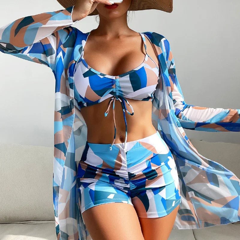 Summer Print Swimsuits Tankini Sets Female Swimwear Push Up For Beach Wear Three-Piece Bathing Suits Pool Women's Swimming Suit 5