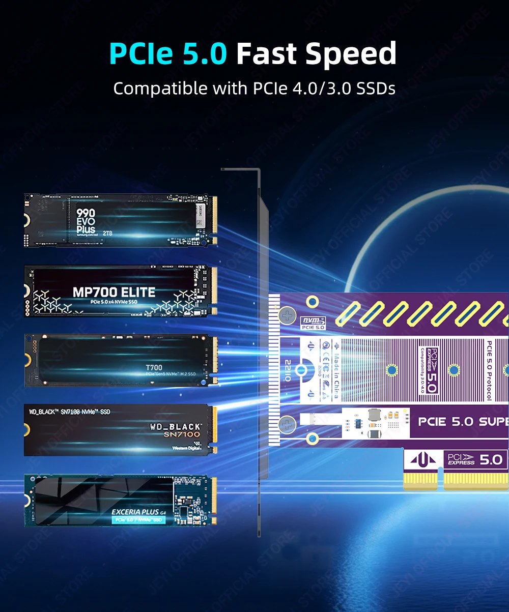 JEYI PCIe 5.0 auf M.2 NVMe-Adapterkarte, 128 Gbit/s, Ultra-Speed-Unterstützung, x4/x8/x16, Steckplatz bereit, 22110/2280/60/42/30 SSD-Unterstützung – Detail 10
