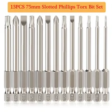 

13Pc Slotted Phillips Torx Screwdriver Bit Set 75mm Length S2 Steel 1/4" Hex Shank Impact Driver for Power Screwdriver Drill Bit