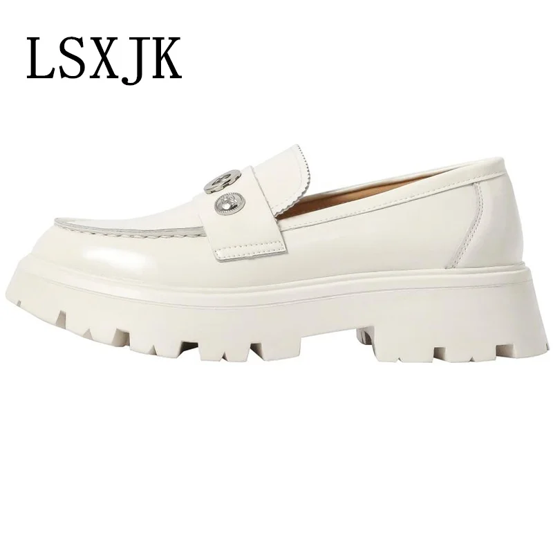 

LSXJK Genuine Leather Women's sShoe 2022 Spring And Autumn Shallow Mouth Round Head British Style Slip-On Thick Bottom Loafers