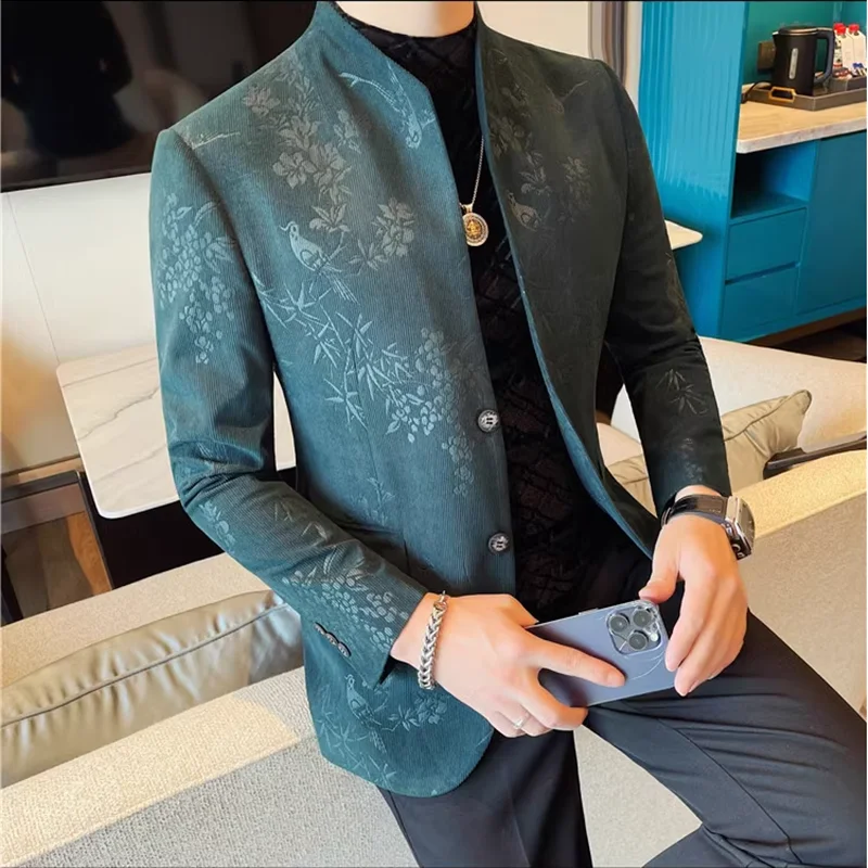 Men's New Chinese Stand Collar Blazer Jacket Fashion Elegant Printed Slim Fit Business Suits Jacket Tailcoat Men Clothing