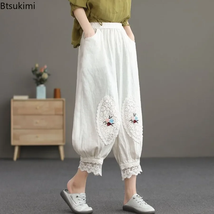 2024 Women's Casual Cotton Linen Pants Spring Summer New Thin Embroidered Lace Harem Pants Artistic Retro Bloomers Cropped Pants