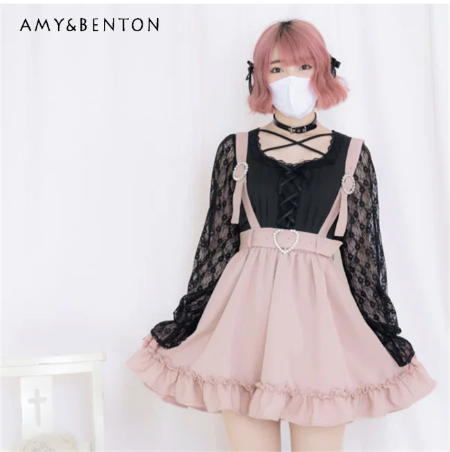 Spring Cute Rojita Suspender Skirt for Women Wooden Ear Fresh Sweet Student Skirt Solid Color Lolita Style Mini Skirt