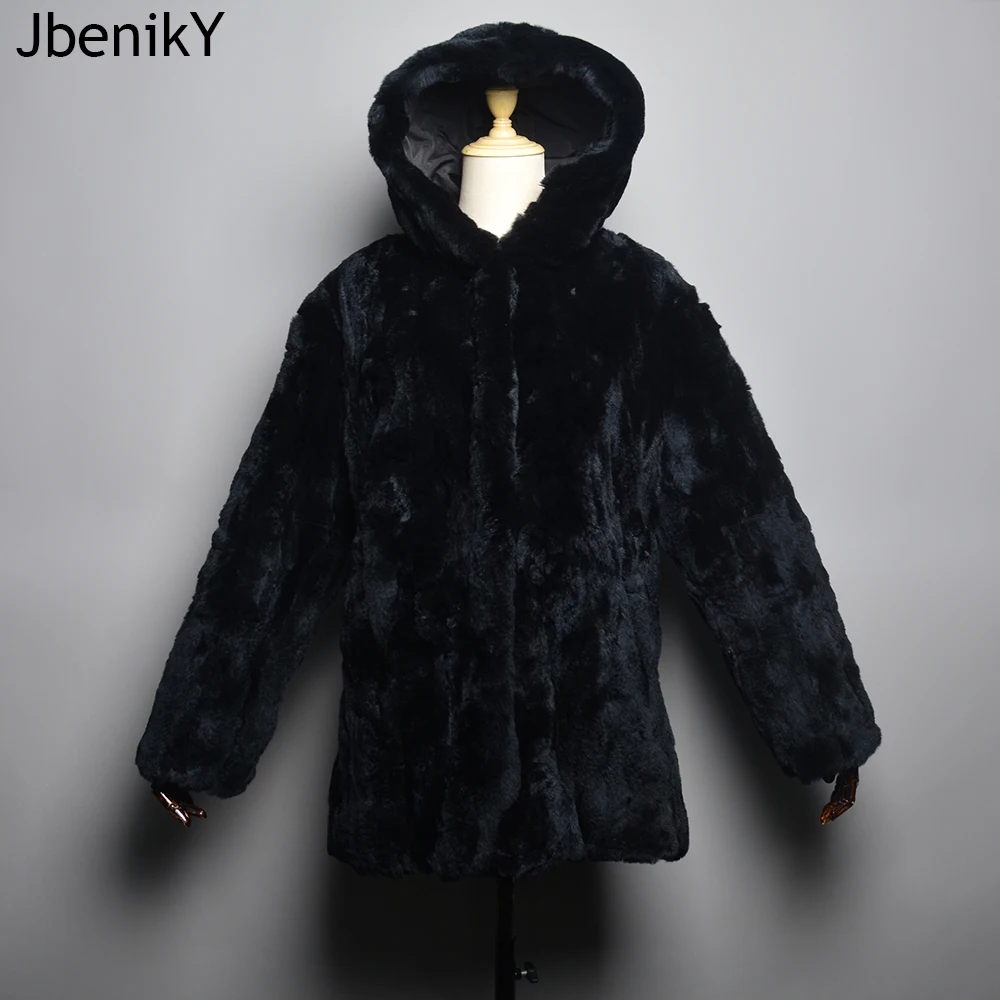 

Winter Luxury Women Long Thick Real Rex Rabbit Fur Hooded Coat Lady Natural Warm Rex Rabbit Fur With Fox Fur Collar Jackets