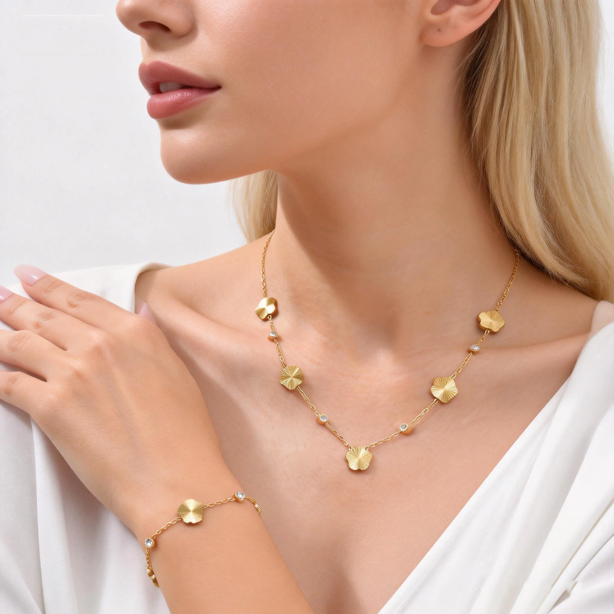 Doppelseitige Fünfblättrige Blumen-Halskette Edelstahl Zirkon Charm-Halskette Armband für Damen Luxus-Schmuckset