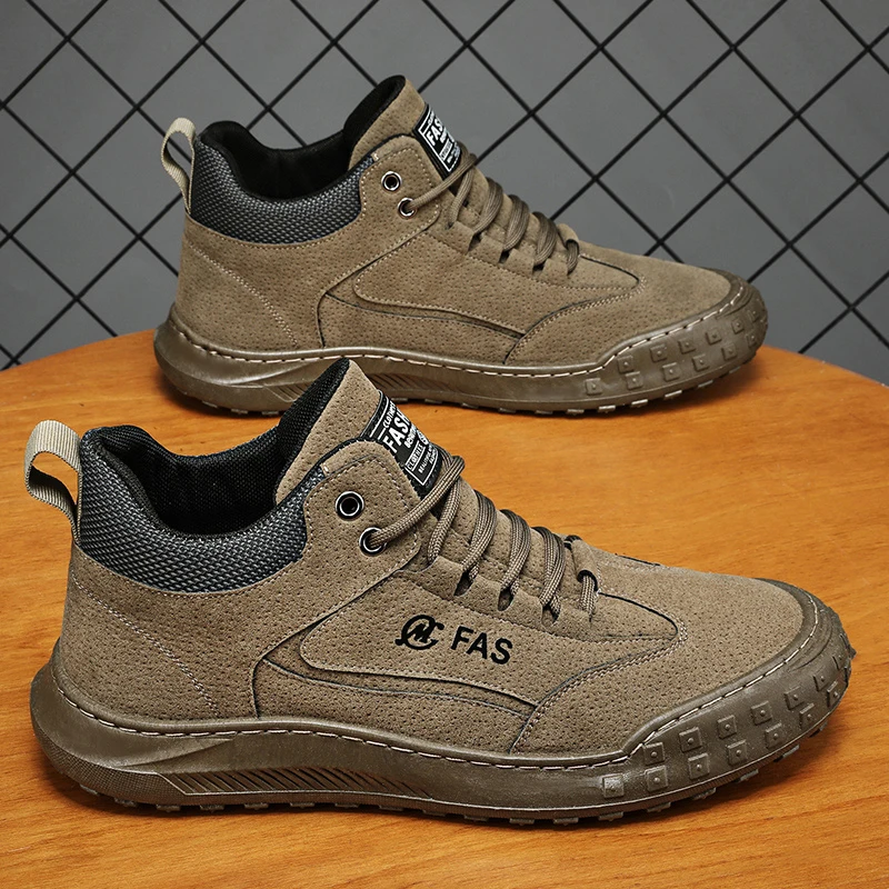 STRONGSHEN Men Leather Hiking Shoes Wear-resistant Outdoor Tyre Bottom Tooling Shoes Lace-Up Climbing Trekking Hunting Sneakers