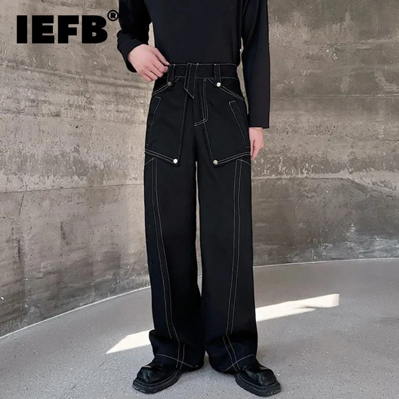 

IEFB New Casual Trousers Fashion Personalized Metal Solid Color Male Straight Leg Pants Loose 2024 Pocket Dark Style 9C5277