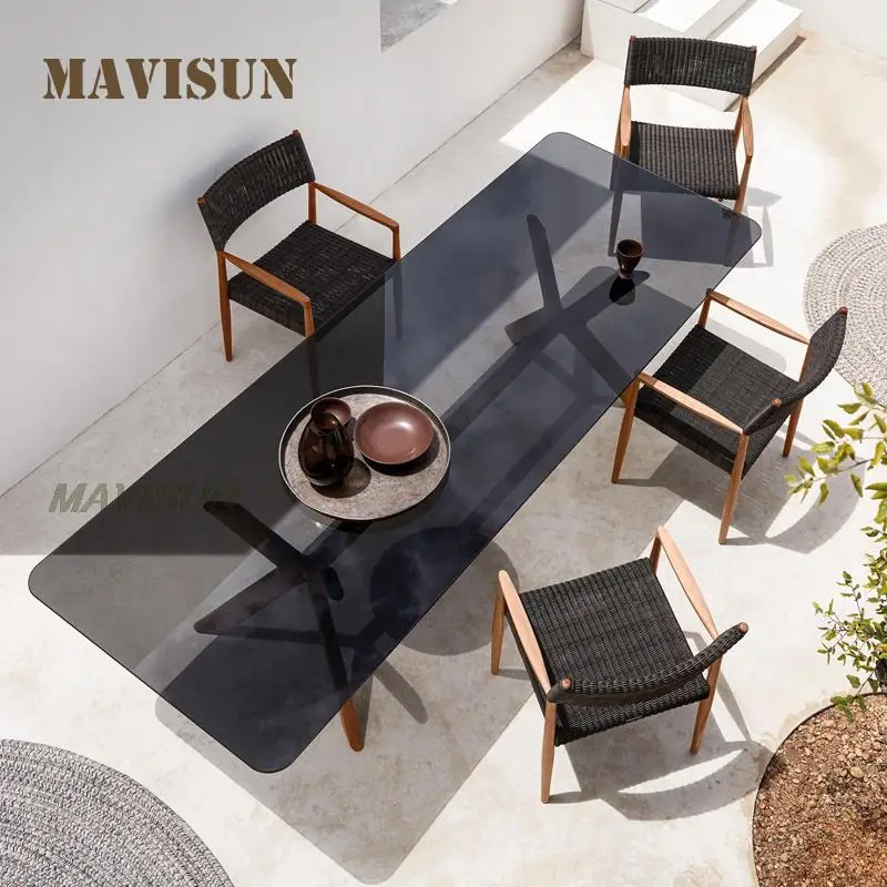 Sun Room Table And Chair Outdoor Solid Wood Dining Table For Villa Courtyard Furniture Sofa Nordic Rattan Leisure Garden Rocking